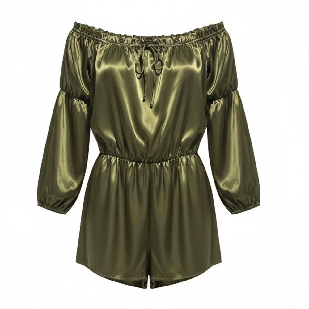AUW Satin Off Shoulder Romper Metallic Green Long Sleeve Date Night Cocktail